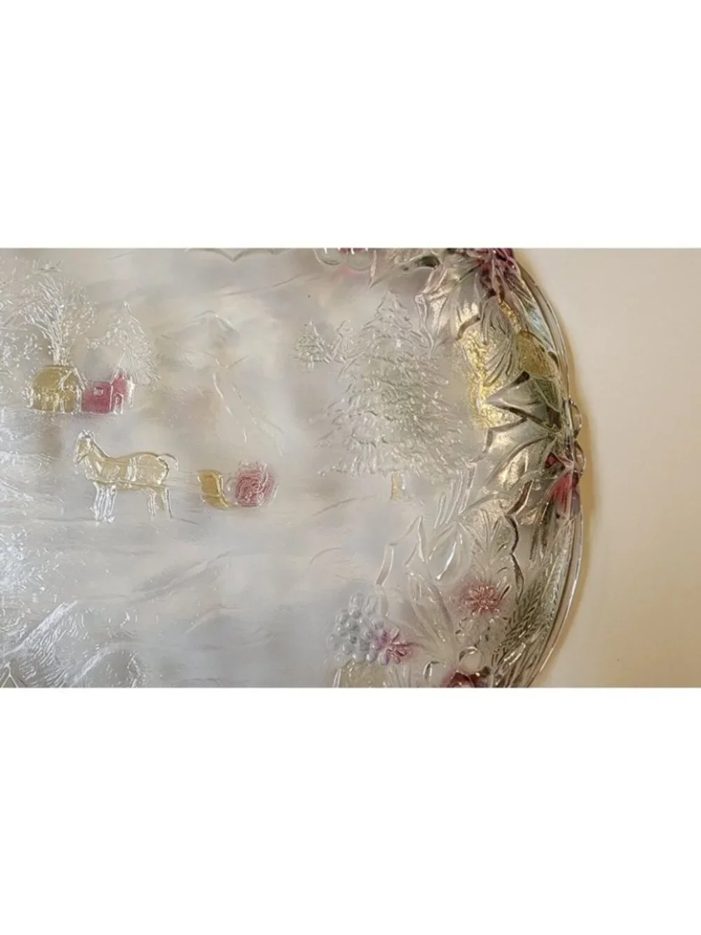 Christmas Serving Platter Plate Vintage Heavy Glass Tray Holly Winter Scene